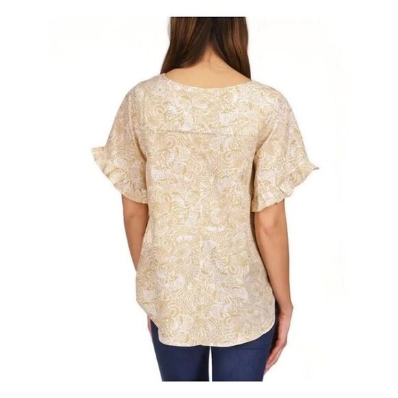 MICHAEL KORS PAISLEY-PRINT RUFFLED-SLEEVE TOP in Khaki, XS $98 MSRP - Picture 3 of 5
